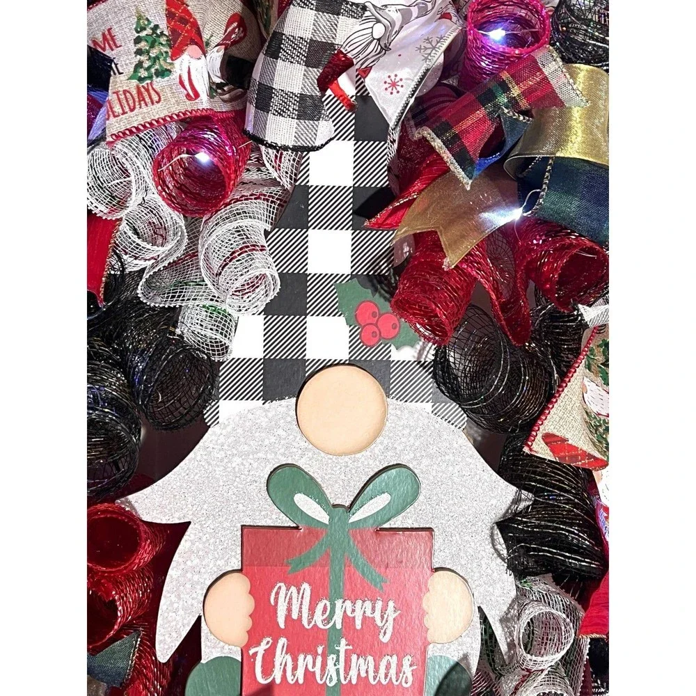 Handmade Merry Christmas Gnome Holiday Ribbon Door Wreath 22 ins W45